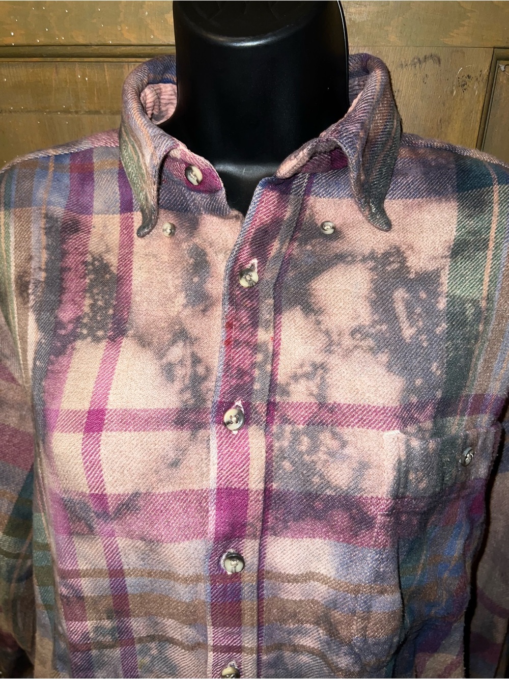Vintage Acid Wash Crop Flannel Distressed Tie Dye Plaid Button Up Shirt Size L - Picture 8 of 10